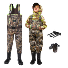 HISEA Kids chest waders with rugged boot tread improve traction on muddy trails.