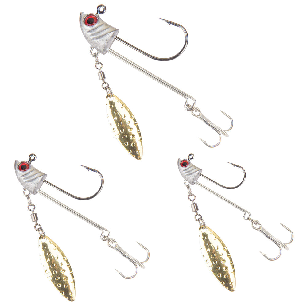 HISOO Jig Head Hooks with Spinner Blades display a 3-piece set for versatile lure fishing.