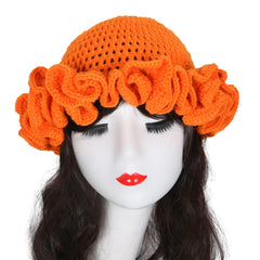 HISYI women's crochet bucket hat with orange ruffled brim for outdoor style