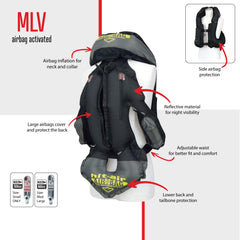 Hit-Air MLV Airbag Vest rear view features ultra-reflective panels for night visibility.
