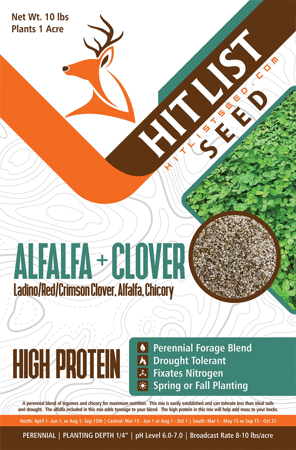 Hit List Seed alfalfa-clover seed bag ready for a high-protein deer plot