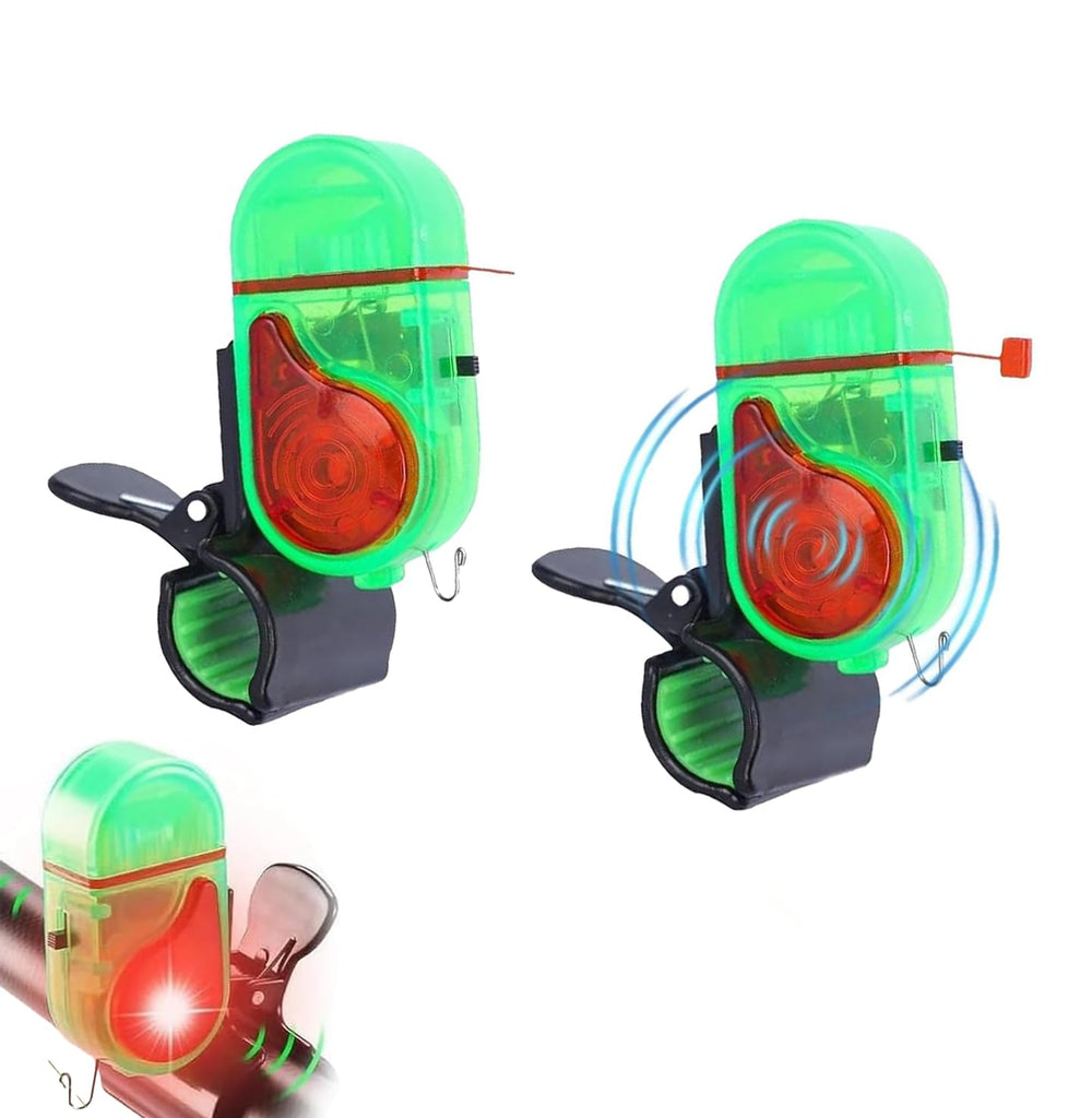 Hizoncore Bite Alarm attached to fishing rod with LED light on