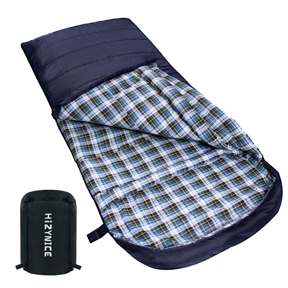 HiZYNICE sleeping bag front view in navy shows roomy width for adults