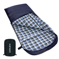 HiZYNICE sleeping bag front view in navy shows roomy width for adults
