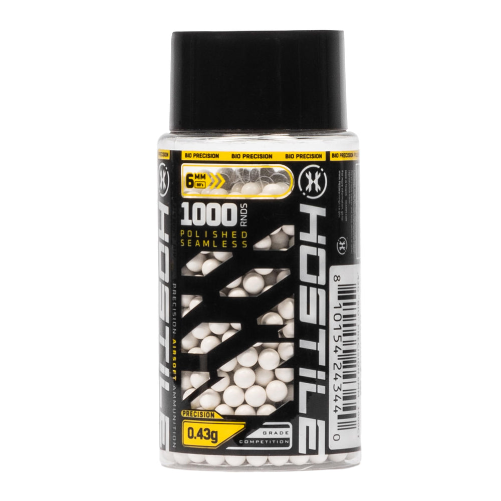 HK Army Hostile Bio BBs with a polished finish for smooth feeding and less barrel wear.