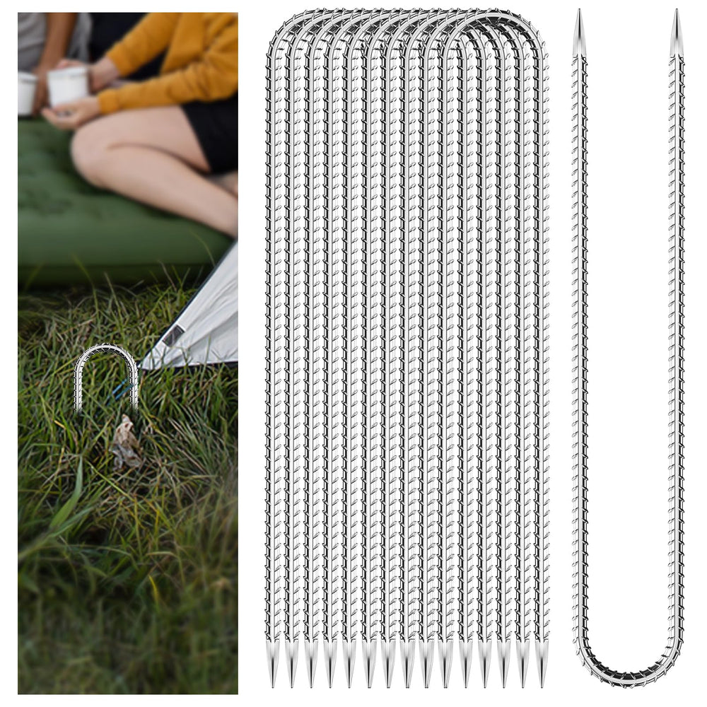 Hldgras trampoline stakes 16-inch pack secures outdoor setups in grass.
