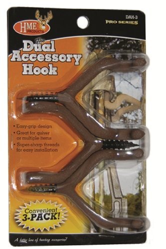 HME dual-prong hook holder on a tree for quiver storage and gear organization