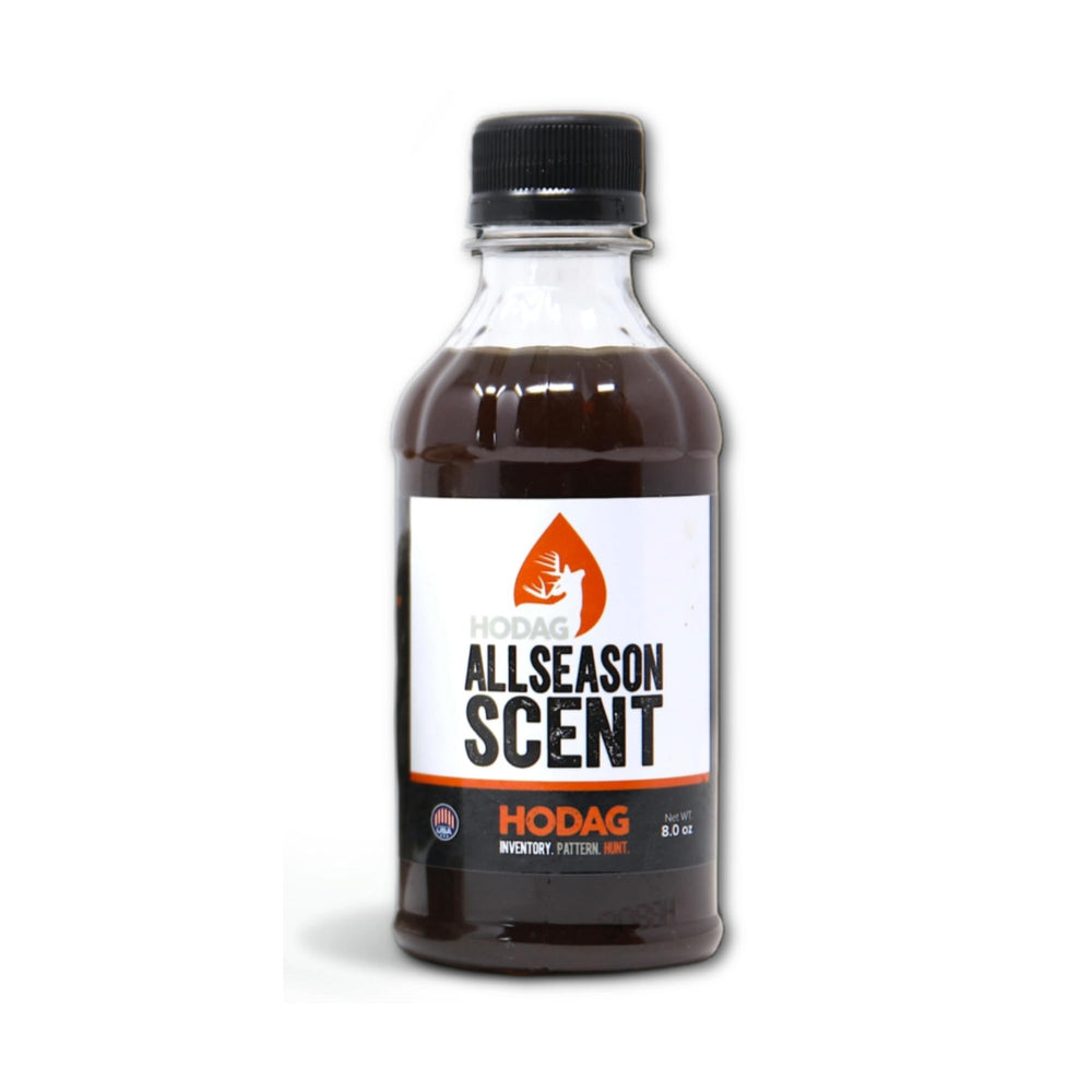 HODAG AllSeason Scent bottle closeup shows a natural formula for year-round deer attraction.