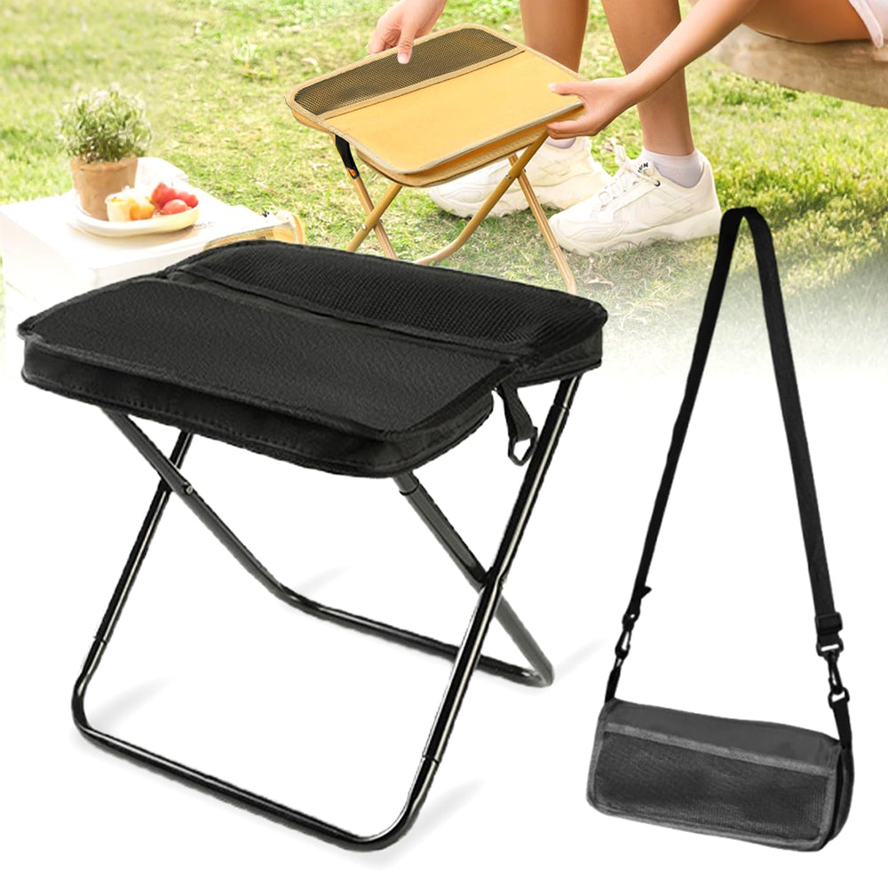 Hoehew portable stool in black folded for easy backpack carry.