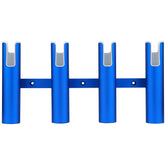 Hoffen Wall-mounted aluminium rod holder blue front view for four-rod storage on boats.
