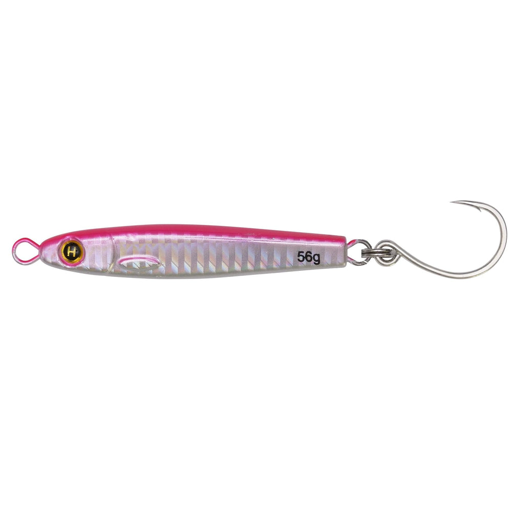 Hogy Heavy Minnow pink lure, front view, built for long-distance surf casting.