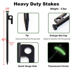 HOLANHING flat-head sharp-tip tent stake design facilitates easy driving.