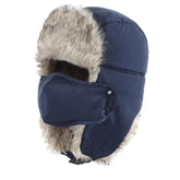 Navy blue men's faux fur trooper hat with integrated face mask - front view