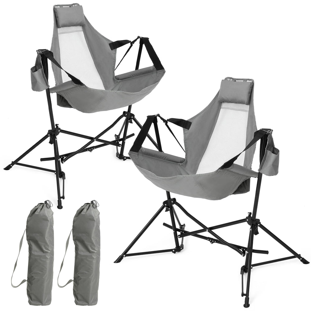 HOMEFUN hammock camping chair open with stand for easy outdoor seating.