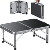 HOMGEN portable folding table demonstrates three-height setup for versatile use.