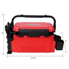 Homonova dual layer tackle box side view highlights built in rod holders for quick access.