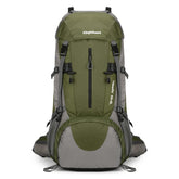 HongXingHai 70L backpack front view showcases rugged exterior for outdoor adventures.