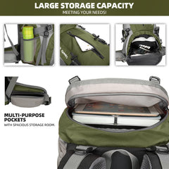 HongXingHai 70L backpack compartments open reveals large storage for gear on trips.