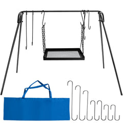 HONYTA campfire swing stand showing adjustable grate height for heat control.