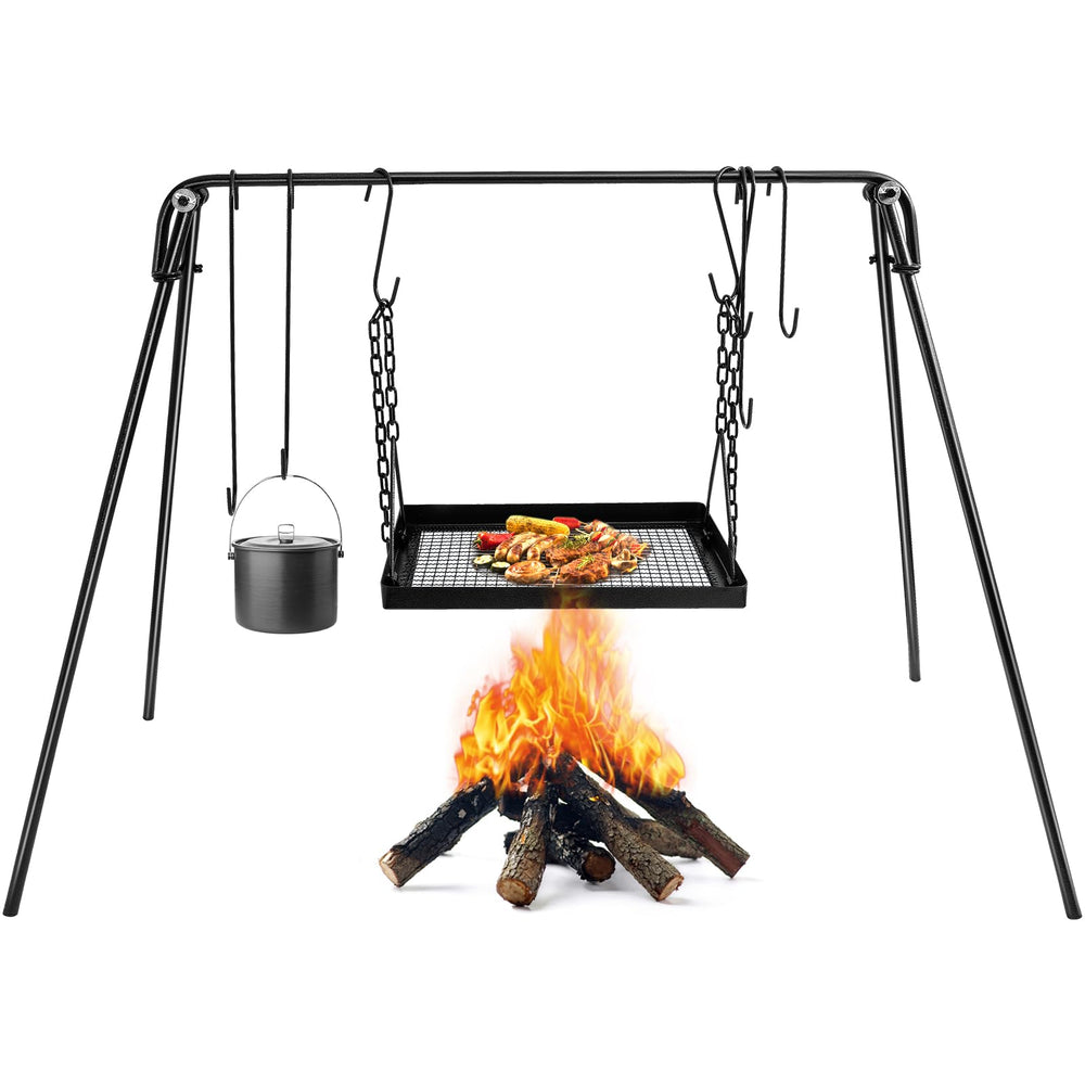HONYTA campfire swing cooking grill stand full setup for outdoor grilling.