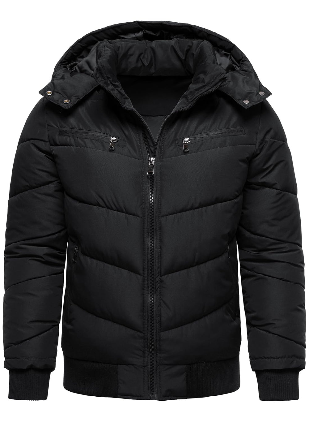 HOOD CREW men's winter coat front view shows windproof shell and thick padding for warmth.
