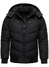 HOOD CREW men's winter coat front view shows windproof shell and thick padding for warmth.