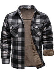 HOOD CREW Mens Sherpa-Lined plaid jacket front view in black and grey with practical pockets.