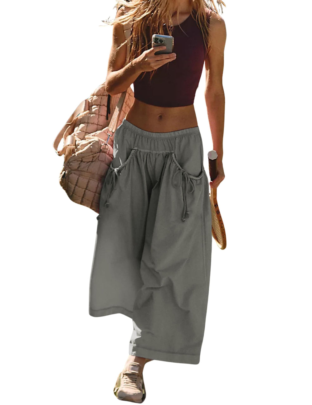 Hooever women's loose wide-leg track pants with drawstring pockets ideal for casual and active days.