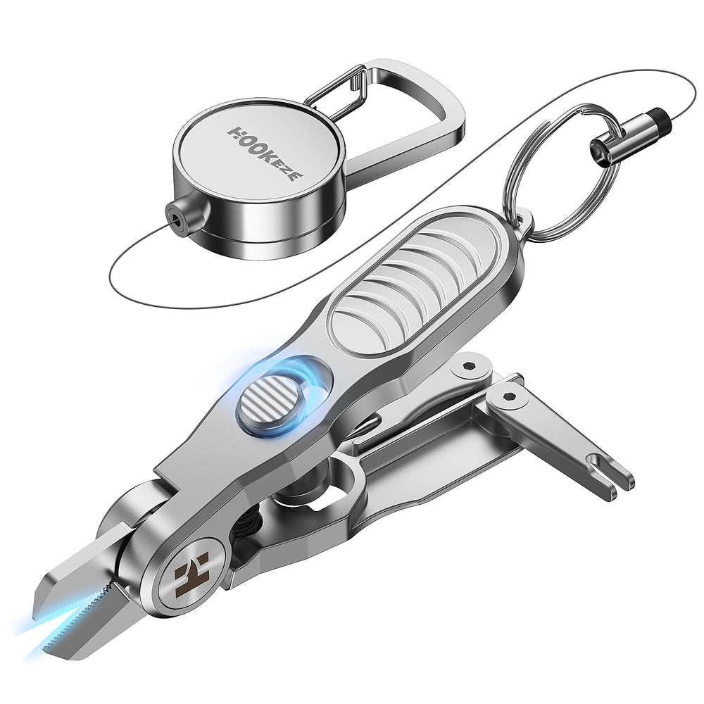 HOOK-EZE 3-in-1 fishing line cutter with retractable zinger clipped to belt