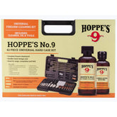Hoppe's Deluxe Gun Cleaning Kit contents with rods, brushes, and patch loops.