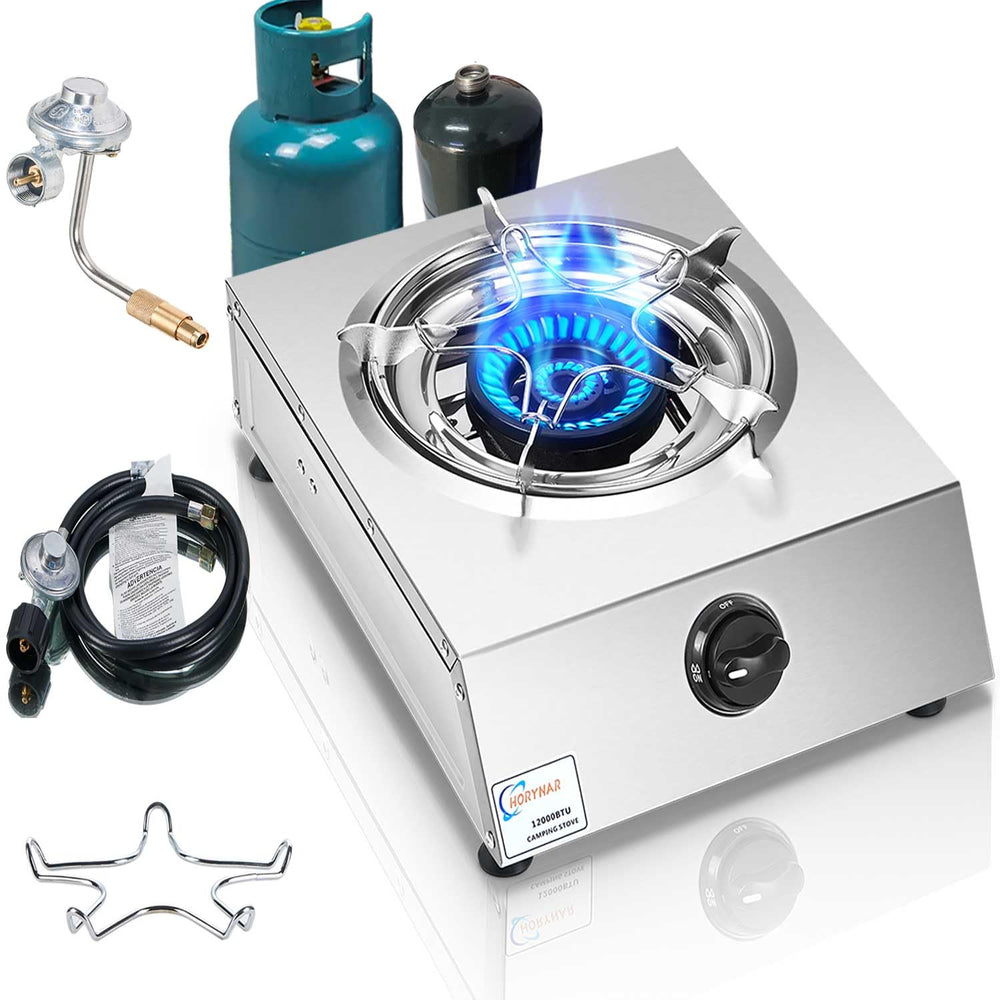 Horynar propane stove single burner setup showing compact outdoor cooking readiness.