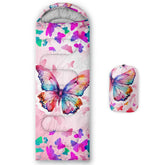 Hosima Pink Butterfly sleeping bag front view shows waterproof, kid-friendly design for outdoor nights