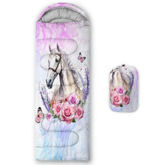 HOSIMA White Horse sleeping bag for kids with floral design supports comfy family camping.