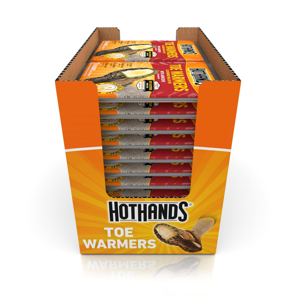 HotHands Toe Warmers adhesive-back shown secured to sock for secure warmth