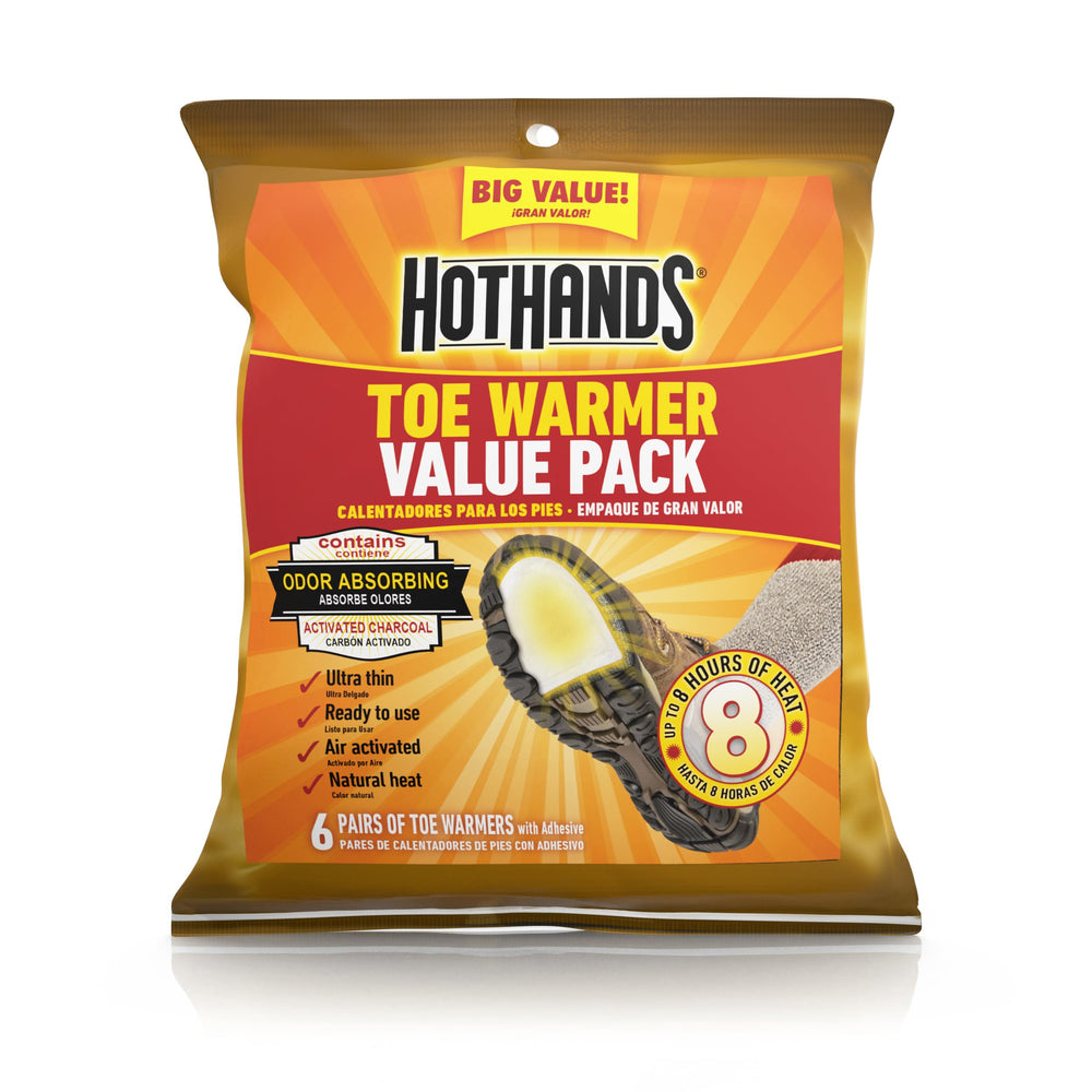 HotHands toe warmers pack with six pairs ready to warm toes