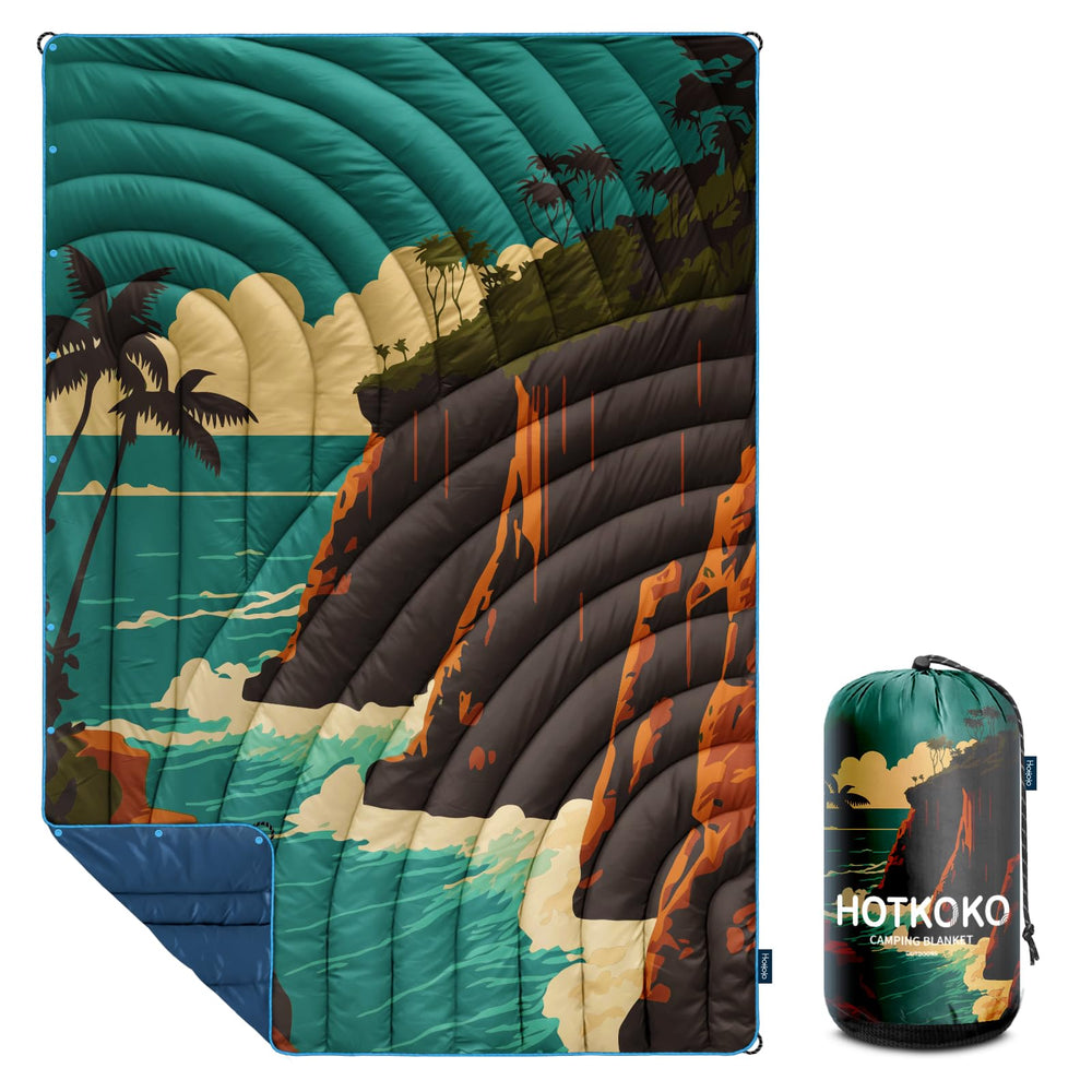 Hotkoko camping blanket packed in its compact bag for ultra-portable outdoor comfort.