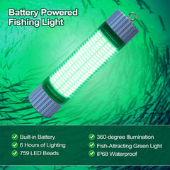 Rechargeable green LED fishing light for ice fishing and night fishing