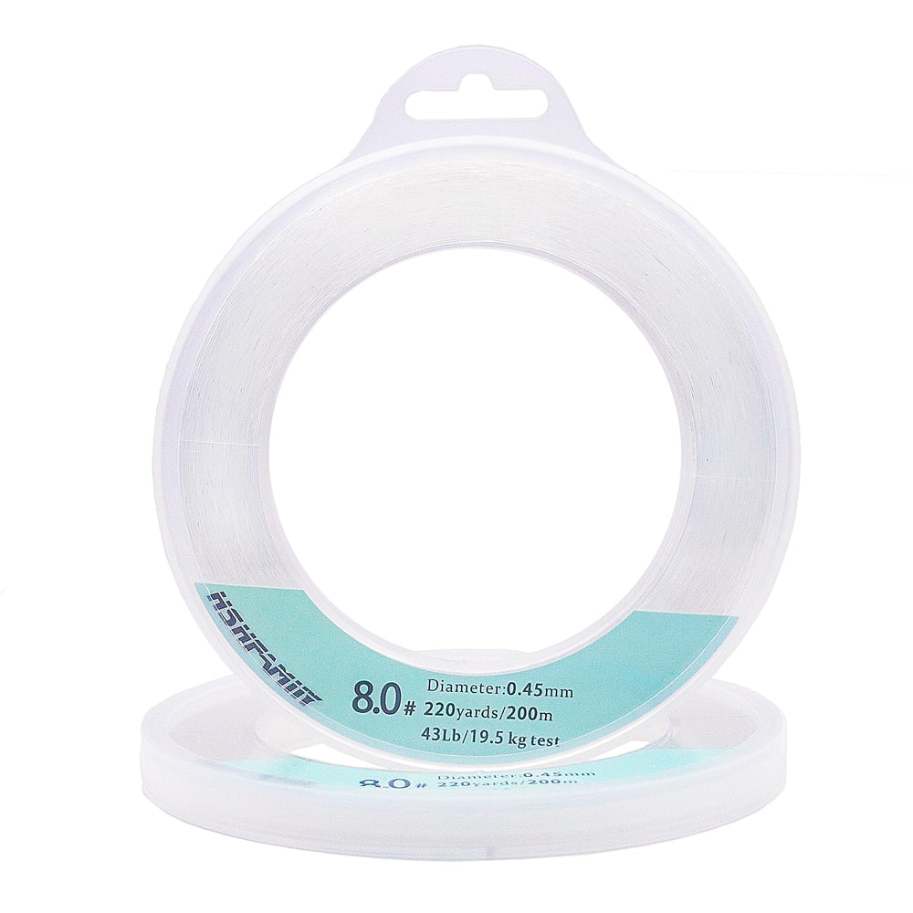 Clear fishing line on a spool showing 656ft length and 0.45mm thickness