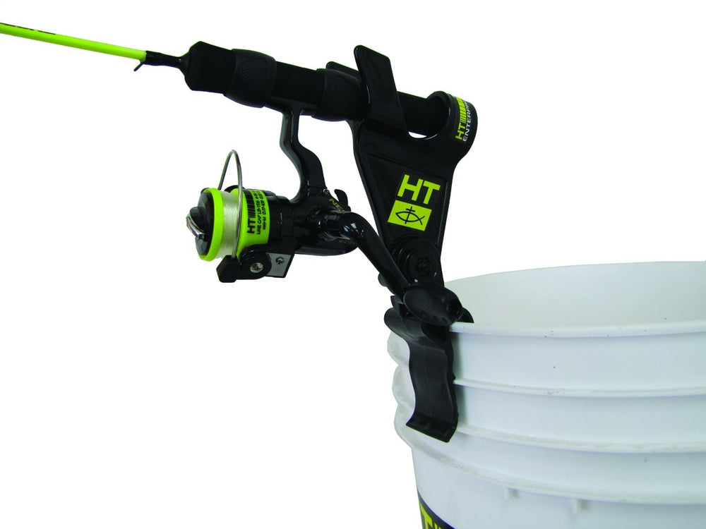 HT RBH-100 clamp-on bucket rod holder for ice fishing, secure hands-free rod access