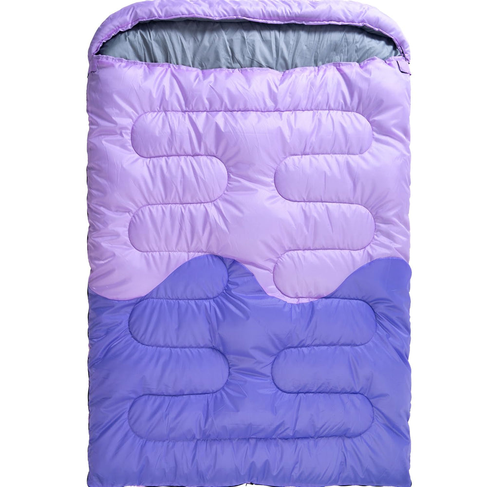 HTMEYBG double camping sleeping bag setup showing two bags together for versatility.