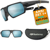 HTS HUNTERSKY Q37 blue sunglasses angled side view for rugged outdoor clarity and protection.