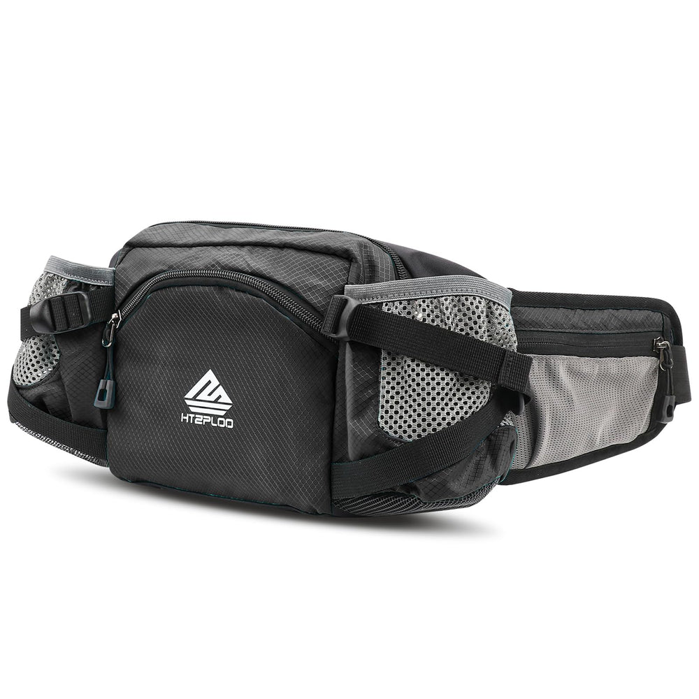 HTZPLOO fanny pack with water bottle holder, side view, hands-free convenience on hikes.