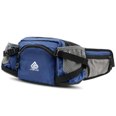 HTZPLOO fanny pack in dark blue worn as a hands-free option for outdoor adventures.
