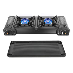 HuaShuani double burner stove front view shows dual burners for versatile cooking.