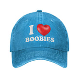 Huesdeaw I Love Boobies hat blue front view, comfortable everyday wear