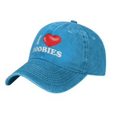 Huesdeaw I Love Boobies hat blue side view, versatile for indoor and outdoor use