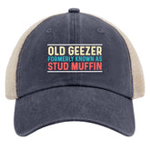 huesdeaw Old Geezer Stud Muffin hat front view with retro style for daily wear