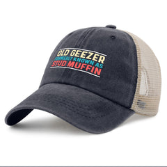 huesdeaw Old Geezer Stud Muffin hat side view adds quirky flair for outdoor adventures
