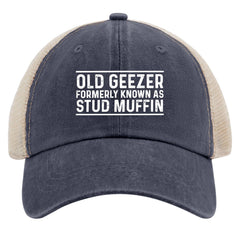 Huesdeaw Old Geezer trucker hat with denim front panel for casual sun protection.