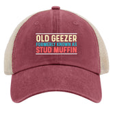 huesdeaw Old Geezer Trucker Hat front view for casual summer style and comfort.